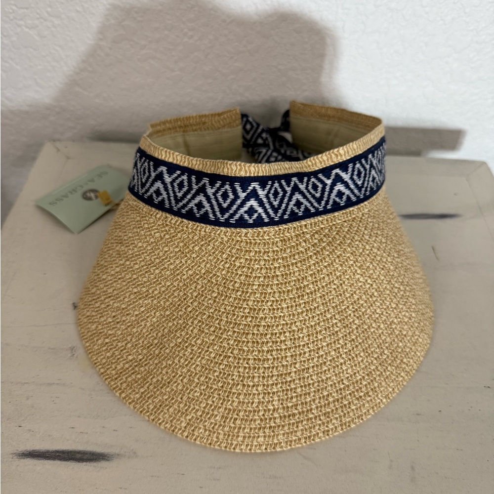 NWT Sea & Grass Straw Visor with Navy Patterned Tie Band Summer Coastal Vacation